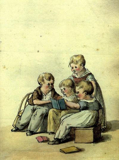   Lerende kinderen. Tekening van Jacob de Vos uit 1803.  In: Eveline Koolhaas-Grosfeld Vader en zoons. Father and sons. 2001, p. 142.