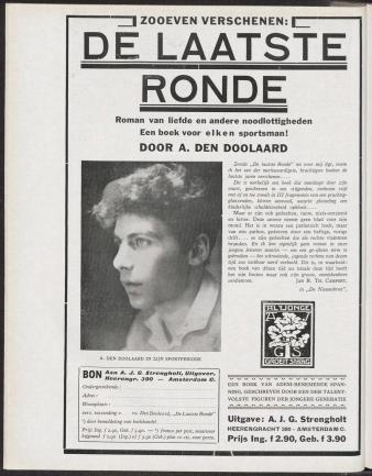 Reclame voor de ‘sportroman’ De laatste ronde in De Revue der Sporten, met een foto van de schrijver A. Den Doolaard (december 1929).