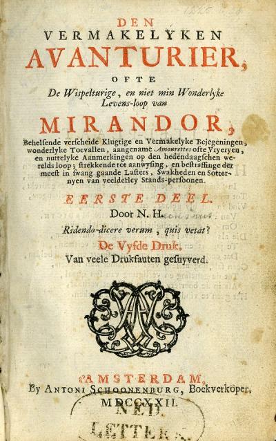 Titelpagina van Den vermakelyken avanturier, in de vijfde druk uit 1722  http://www.dbnl.org/tekst/hein008denv01_01/index.htm