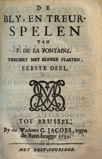 Titelpagina van De bly, en treurspelen van Francis de la Fontaine.