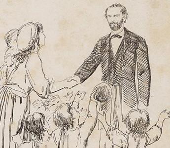 Prent uit Nederlandsche Spectator 4 juli 1874, vrouw en kinderen bedanken Samuel van Houten voor zijn Kinderwetje .